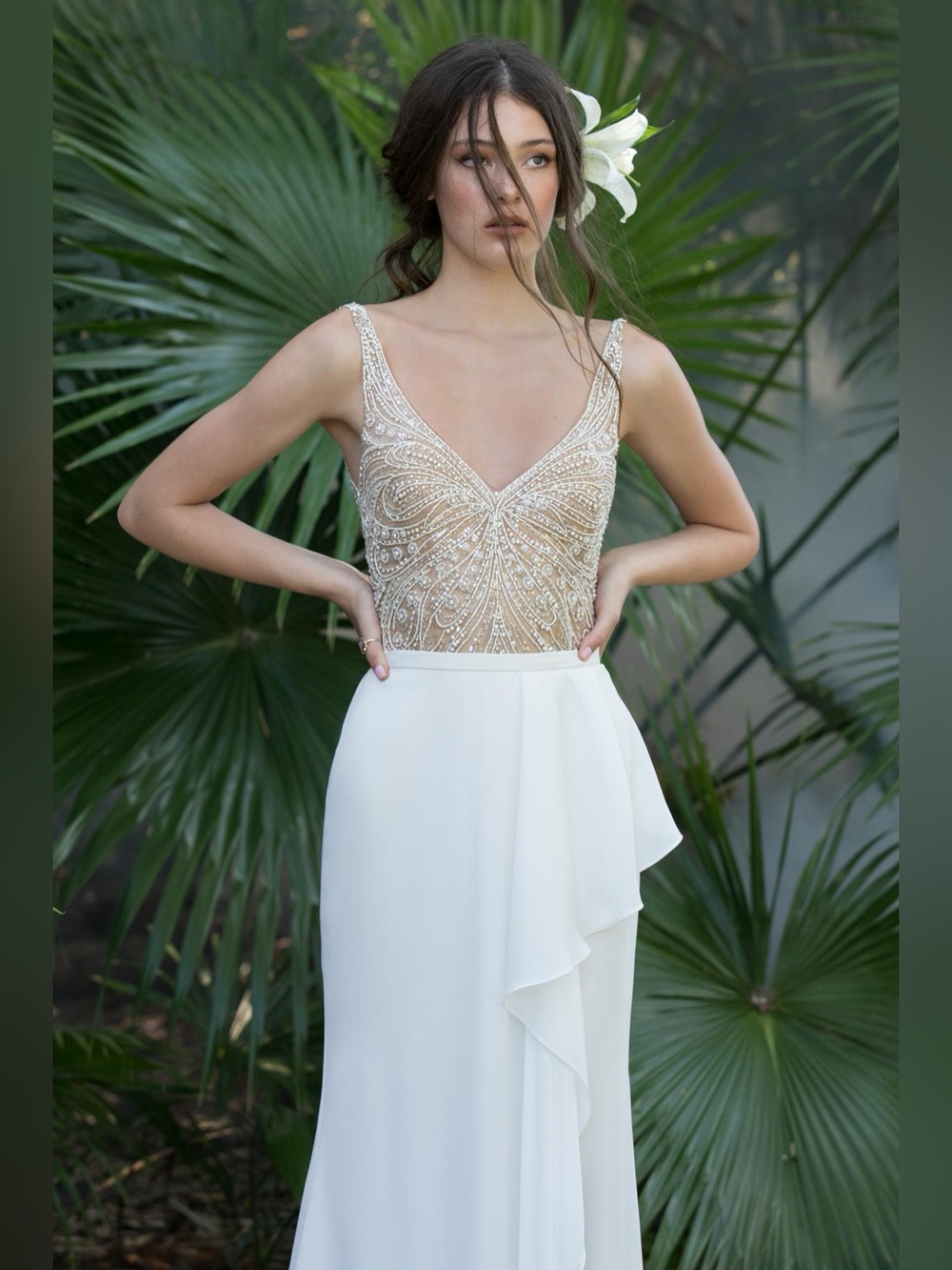 Willowby by Waters Fladdra Beaded Ivory and Sheer Bodysuit Bridal Wedding 💍🤍sz 8